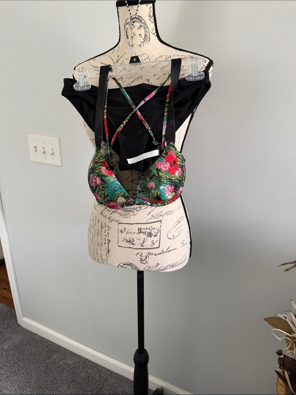 Victoria's Secret Black Bikini with Green Floral Top